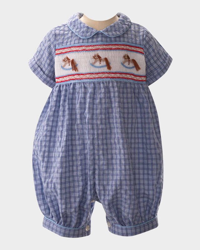 Boy's Check-Print Rocking Horse Smocked Playsuit, Size 3M-18